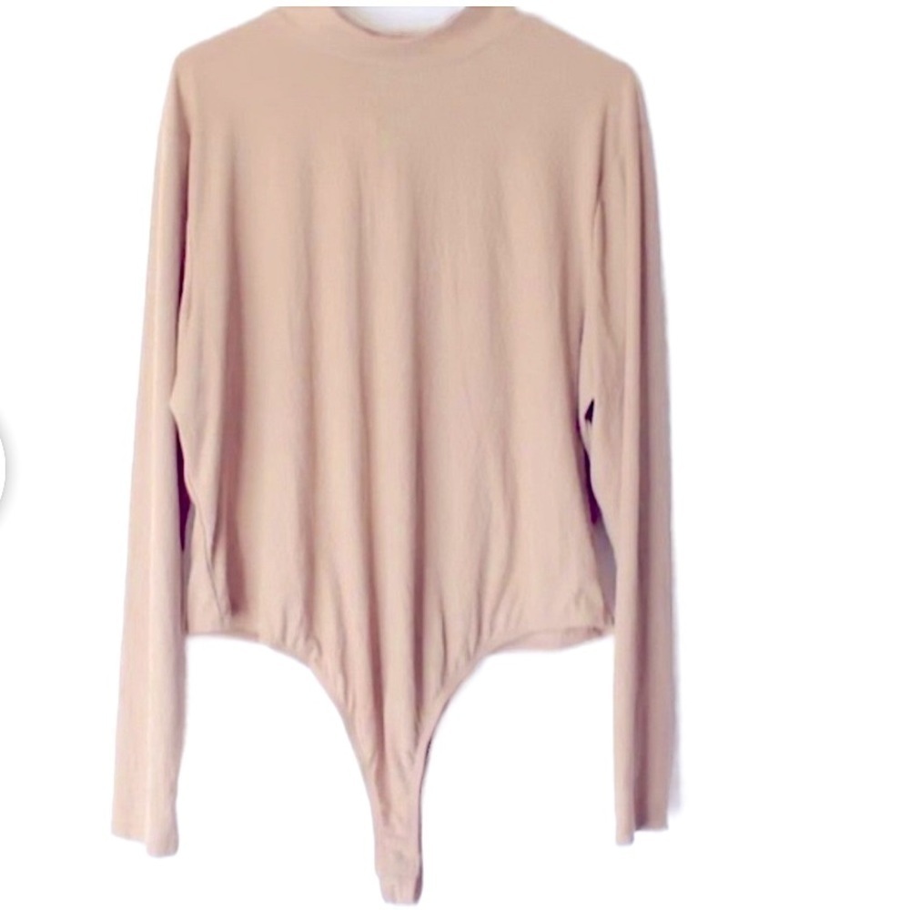 New Just Polly Mock Neck Long Sleeve Thong Ribbed Bodysuit, women top tan 3X